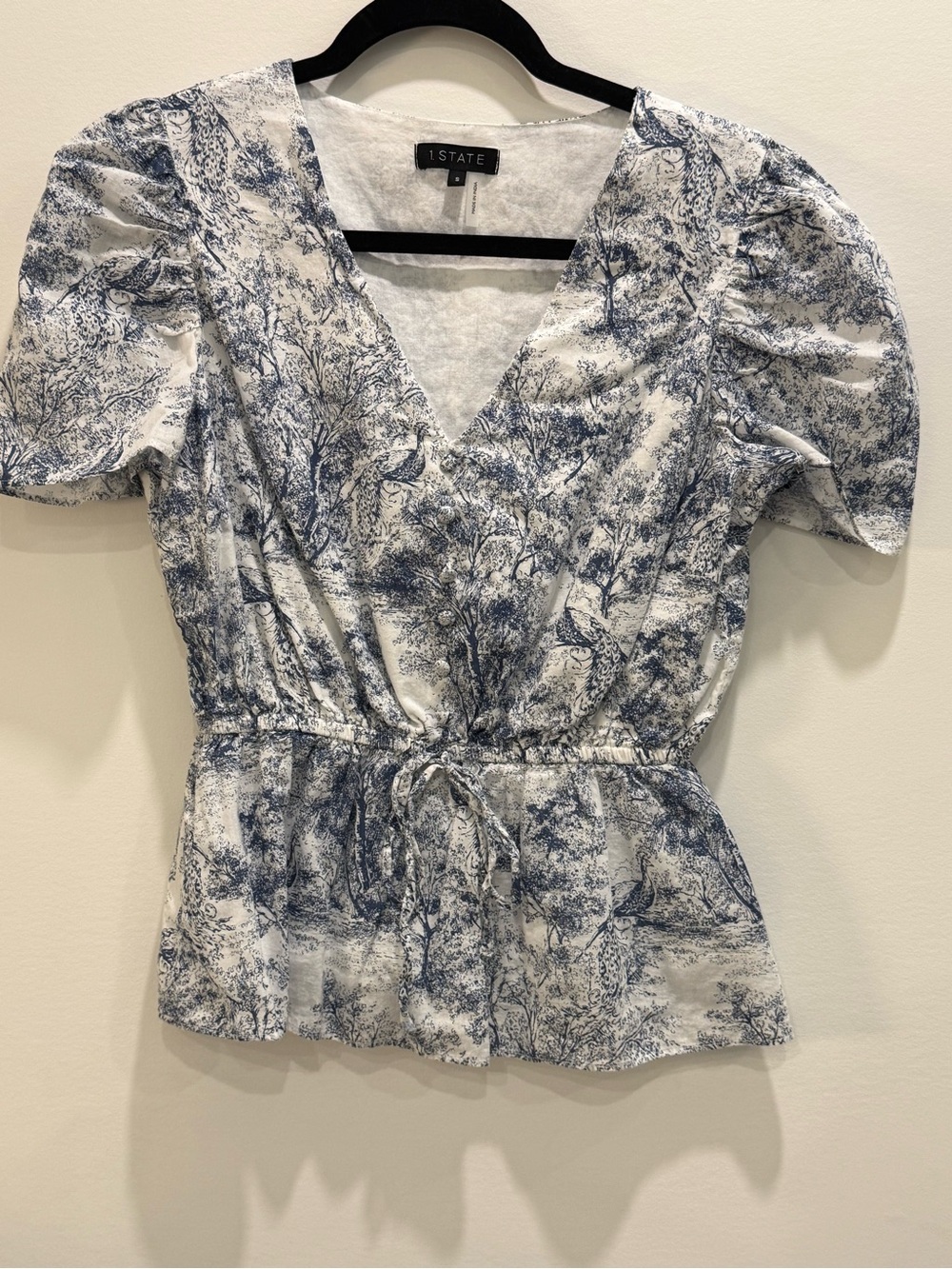 1. State Blue & White V-Neck Tie-Waist Printed Blouse